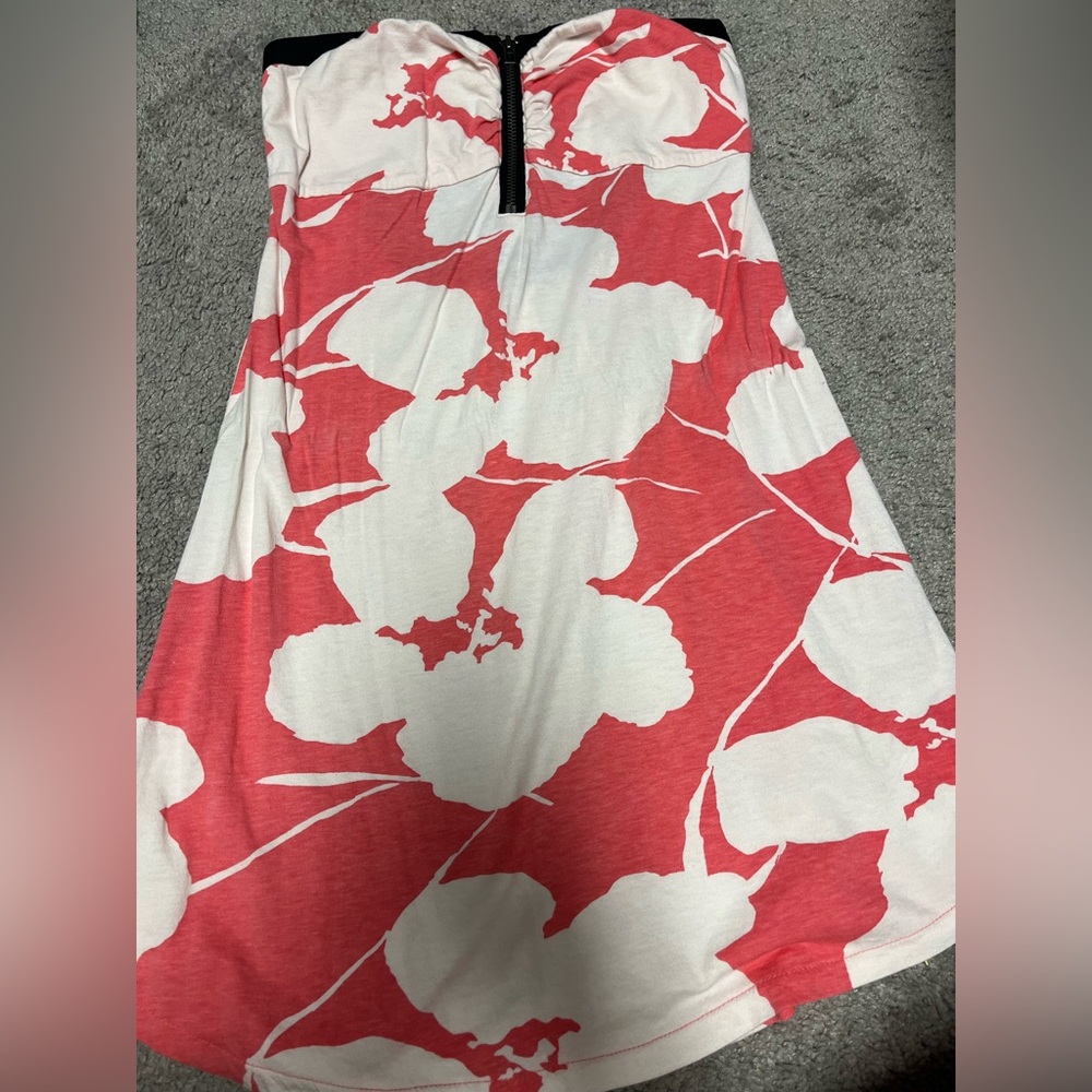 Roxy Coral and White Floral Strapless Dress with Black Trim